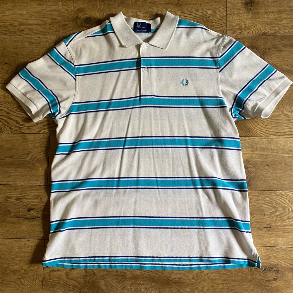 VINTAGE White Fred Perry Polo Shirt With Aqua & Navy Blue Stripes
